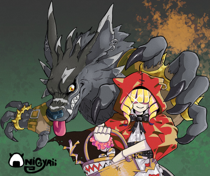 absurdres, animate_object, artist_logo, artist_name, basket, black_fur, black_skirt, blonde_hair, body_fur, brass_knuckles, chaperomon, digimon, digimon_(creature), drill_hair, glowing, glowing_eye, green_background, highres, holding, holding_basket, hood, hood_up, medium_hair, onigyrii, red_hood, sharp_teeth, shirt, skirt, smile, stitched_face, stitches, teeth, tongue, tongue_out, twin_drills, weapon, weregarurumon_(black), werewolf, white_shirt