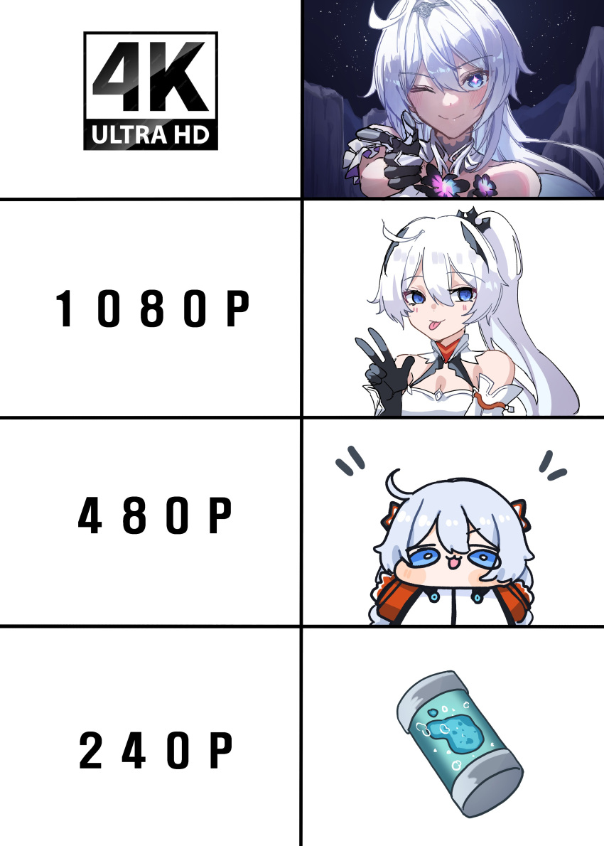 1girl, :p, absurdres, ahoge, bare_shoulders, black_gloves, blue_eyes, braid
