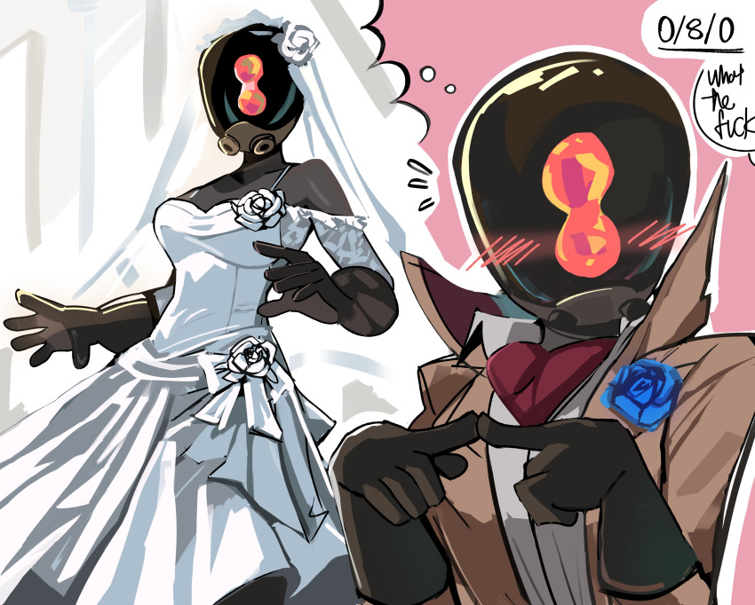 1girl, absurdres, breasts, brooch, collared_shirt, deadlock_(game), dress, faceless, flower, flower_brooch, helmet, high_collar, highres, index_fingers_together, jewelry, large_breasts, mask, paradox_(deadlock), peargor, pink_background, shirt, simple_background, wedding_dress, white_background