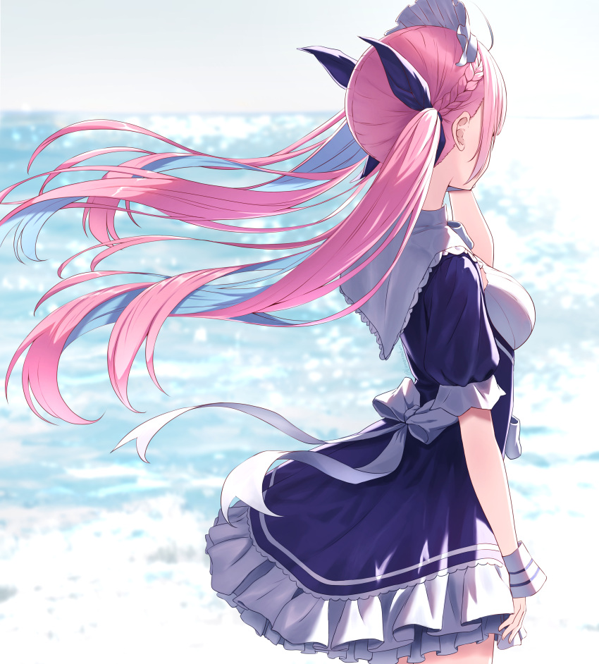 1girl, absurdres, ahoge, back_bow, blue_dress, blue_hair, blue_ribbon, bow