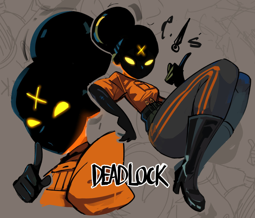1girl, absurdres, ass, black_hair, boots, breast_pocket, breasts, deadlock_(game)