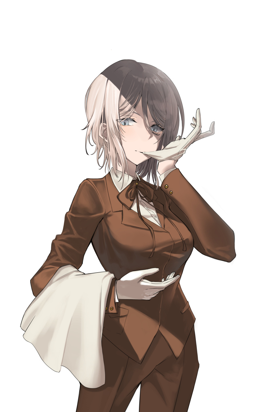 1girl, absurdres, biting, biting_glove, blue_eyes, bow, bowtie, brown_bow