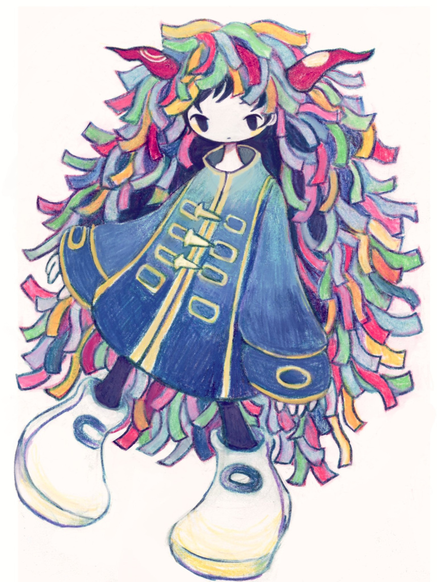 1boy, astralcarousel, black_eyes, black_thighhighs, blonde_hair, blue_hair, blue_jacket, closed_mouth, english_commentary, expressionless, green_hair, highres, horns, jacket, kikuo, large_shoes, light_blush, long_sleeves, male_focus, mob_face, multicolored_hair, pale_skin, pink_hair, shoes, simple_background, sleeves_past_wrists, solo, thigh-highs, white_background, white_footwear