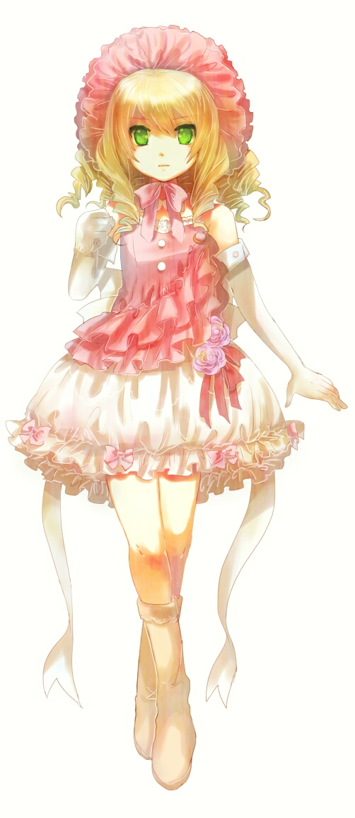 boots, bow, dress, drill_hair, elbow_gloves, flower, gloves, green_eyes