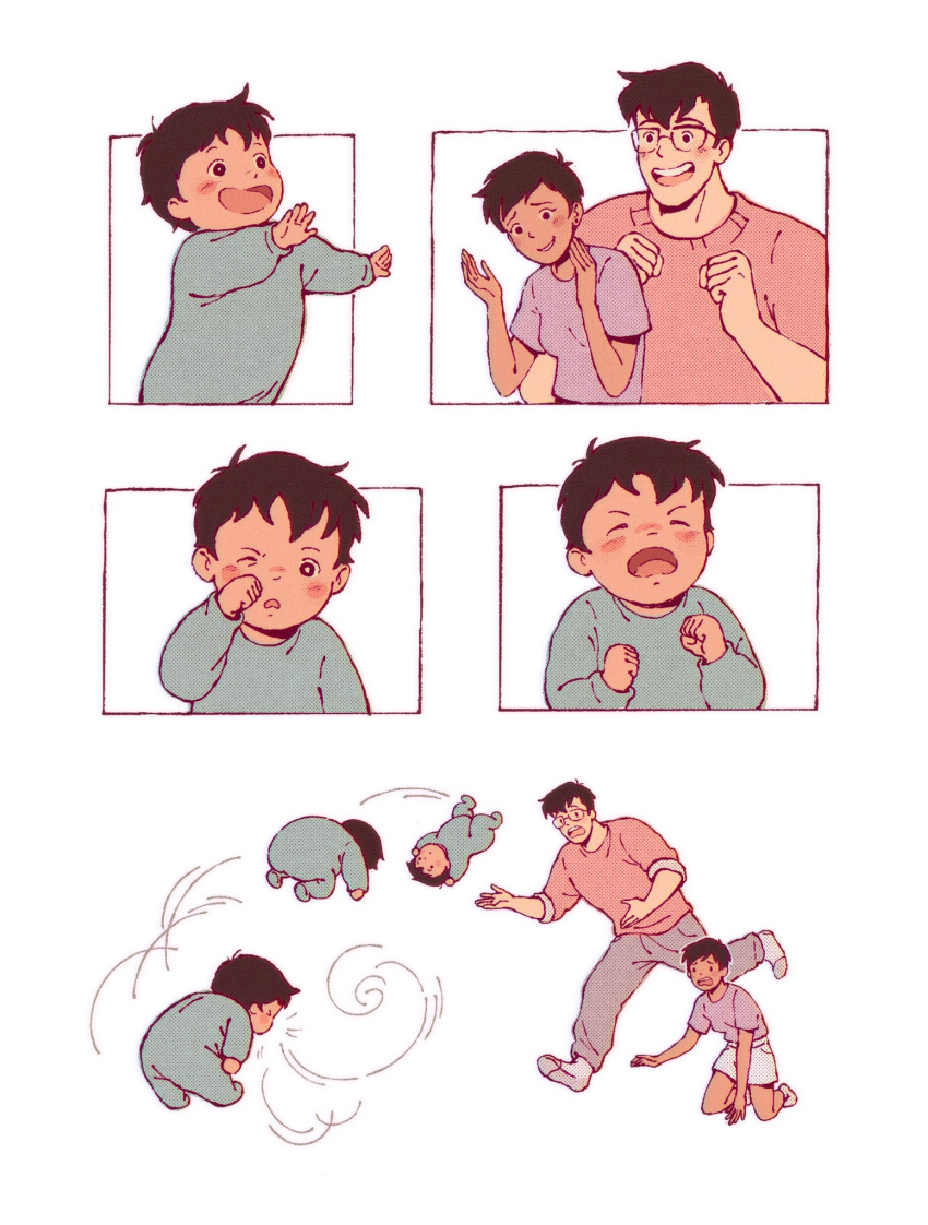 1girl, 2boys, :d, baby, black_hair, blue_eyes, blush_stickers, brown_eyes, clark_kent, clenched_hands, d-e-r-i, dark-skinned_female, dark-skinned_male, dark_skin, dc_comics, family, glasses, highres, jonathan_kent, kneeling, lois_lane, multiple_boys, my_adventures_with_superman, one_eye_closed, onesie, pants, pink_shirt, purple_shirt, shirt, short_hair, shorts, smile, sneezing, socks, superman_(series), sweatpants