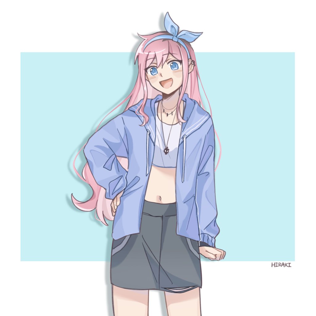 1girl, alternate_costume, aoihiraki, aubrey_(faraway)_(omori), aubrey_(omori), blue_eyes, blue_hairband, blue_jacket