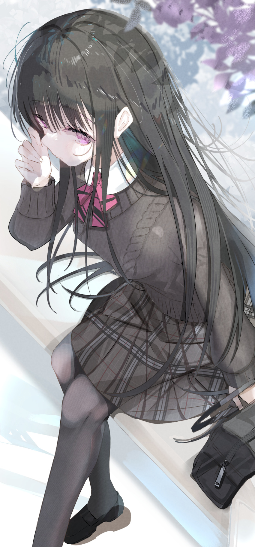 1girl, absurdres, black_footwear, black_hair, black_pantyhose, black_skirt, black_sweater, blush, breasts, highres, long_hair, long_sleeves, looking_at_viewer, medium_breasts, neckerchief, nei1122, original, outdoors, pantyhose, plaid_clothes, plaid_skirt, pleated_skirt, red_eyes, red_neckerchief, sitting, skirt, solo, sweater