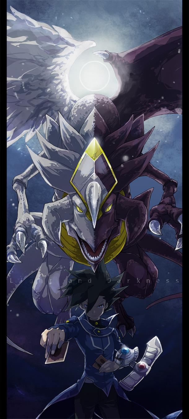 black_hair, card, cards, claws, dragon, duel_disk, duel_monster, highres