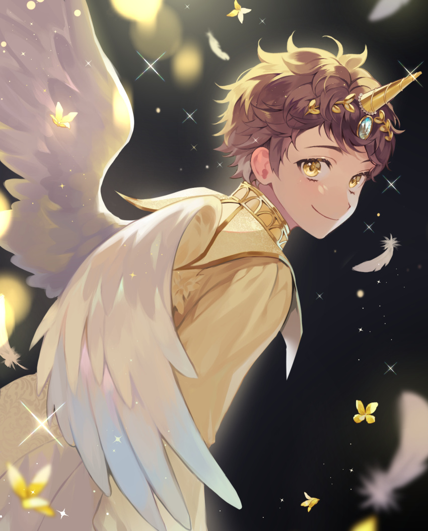 1boy, angel_wings, bishounen, black_background, blurry, bokeh, brown_hair, coat