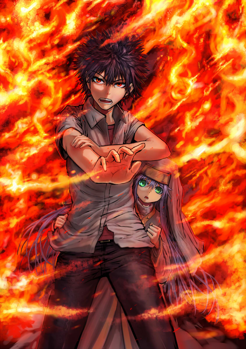 blue_hair, chourui_keiko, fire, green_eyes, habit, highres, index, kamijou_touma, long_hair, nun, open_mouth, red_eyes, robe, safety_pin, skirt, to_aru_majutsu_no_index