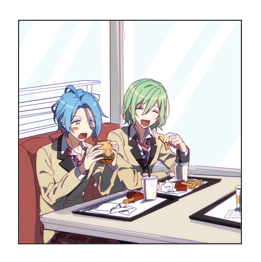 10gerine, 2boys, aged_down, aqua_hair, blazer, blue_hair, blush_stickers, booth_seating