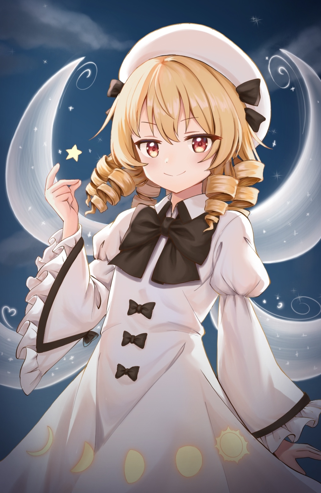 1girl, beret, black_bow, black_ribbon, blonde_hair, blush, bow, bowtie