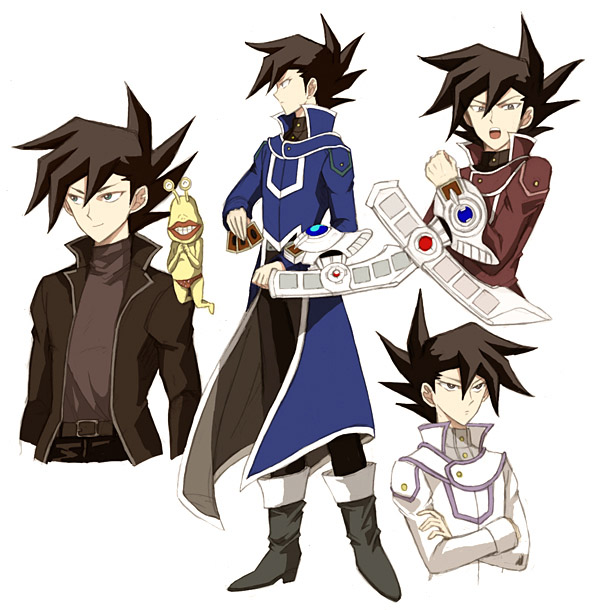 black_hair, boots, card, cards, duel_disk, holding_card, long_coat, male