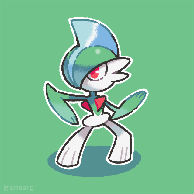 arm_blade, artist_name, colored_skin, gallade, green_background, green_skin, hair_over_one_eye, multicolored_skin