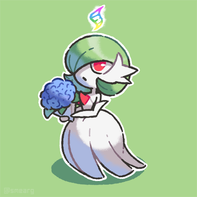 artist_name, bob_cut, bouquet, colored_skin, dress, elbow_gloves, gardevoir, gloves