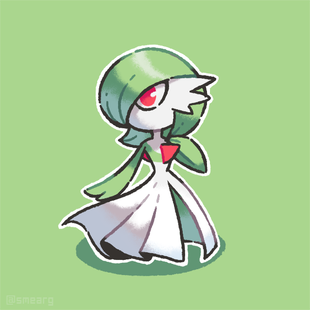 artist_name, bob_cut, colored_skin, dress, gardevoir, green_background, green_hair, green_skin