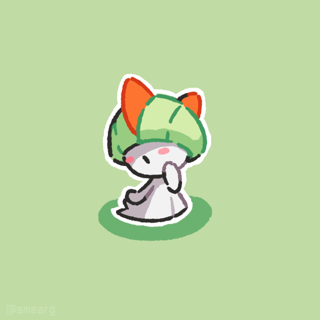 artist_name, blush, bowl_cut, colored_skin, green_background, green_hair, hair_over_eyes, horns