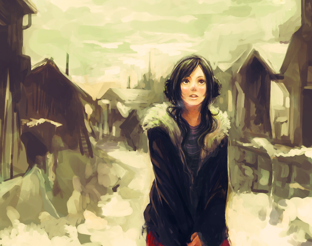 brown_hair, cloudy, coat, earmuffs, female, girl, looking_up, original