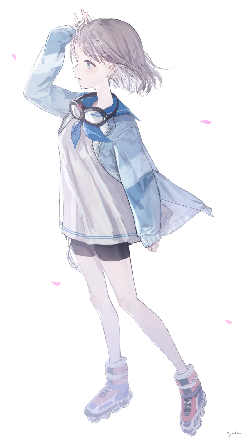 1girl, absurdres, bare_legs, bike_shorts, blue_eyes, blue_jacket, blush, commentary