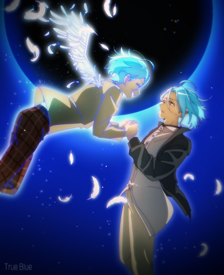 10gerine, 2boys, bent_back, black_jacket, eclipse, ensemble_stars!, facing_another, flying, glowing, glowing_feather, glowing_wings, gradient_background, grin, hair_between_eyes, happy, highres, himeru_(ensemble_stars!), holding_hands, huge_moon, jacket, light_particles, long_shirt, looking_at_another, male_focus, midair, moon, multiple_boys, open_clothes, open_jacket, pants, parted_lips, partially_unbuttoned, plaid_clothes, plaid_pants, red_pants, shedding, shedding_feathers, shirt, short_hair_with_long_locks, smile, tojo_kaname, white_shirt, white_wings, wind, wings, worried, yellow_jacket