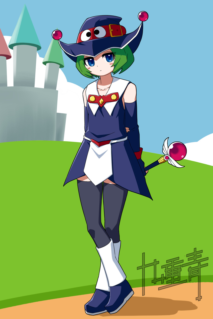 :<, bare_shoulders, belt, blue_eyes, blue_gloves, boots, castle, collarbone