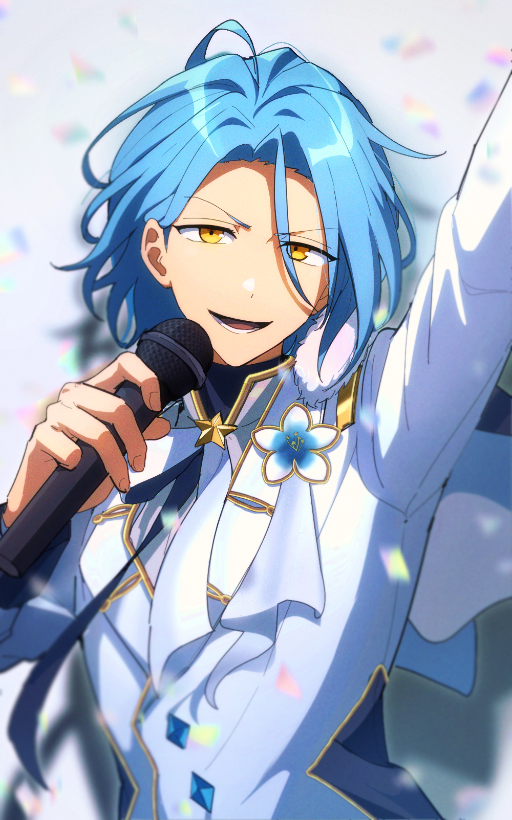 10gerine, 1boy, arm_up, bishounen, blue_hair, blurry, blurry_background, brooch