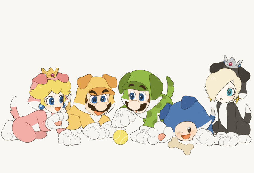 2girls, 3boys, adapted_costume, animal_costume, blonde_hair, blue_eyes, brown_hair, cat_luigi