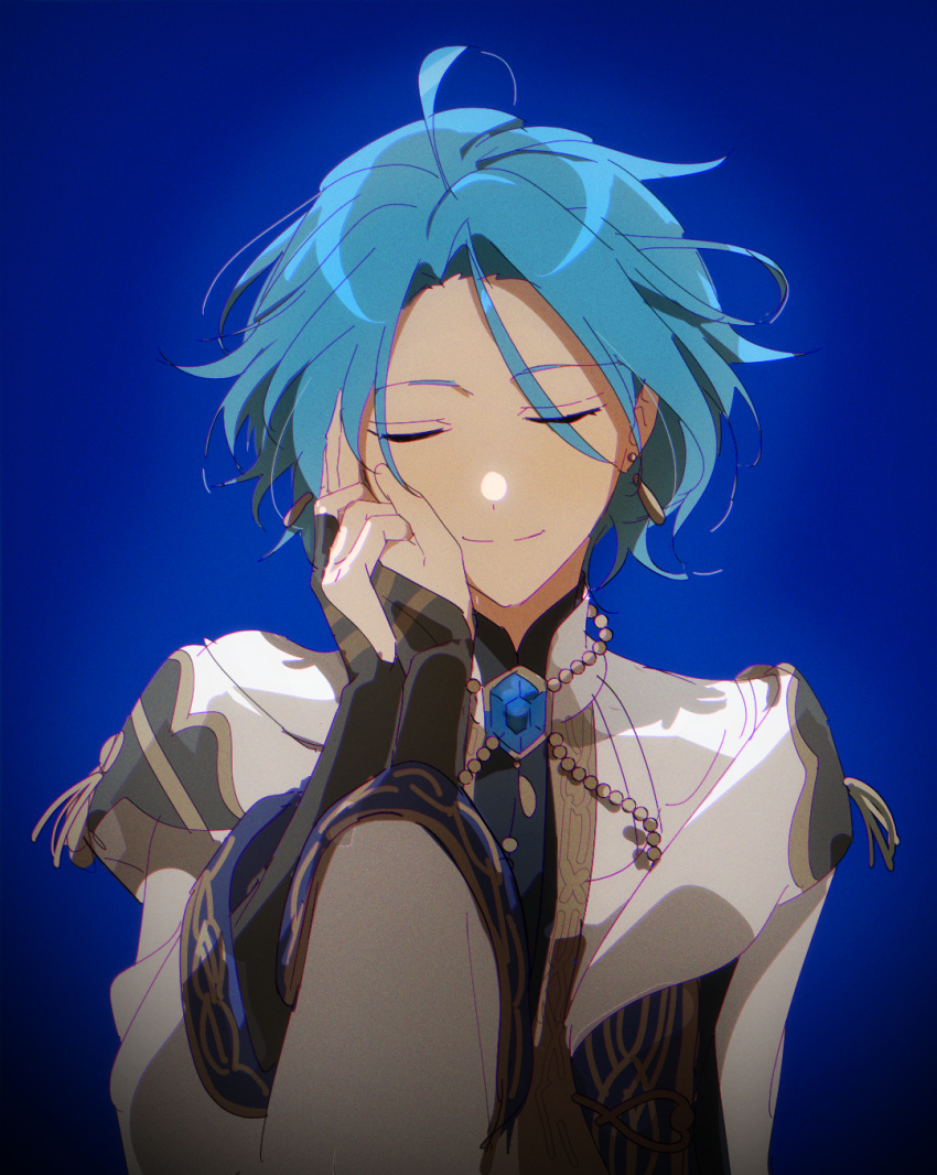 10gerine, 1boy, 1other, anime_coloring, bishounen, black_bridal_gauntlets, bloom, blue_background, blue_gemstone, bridal_gauntlets, brooch, closed_eyes, earrings, ensemble_stars!, eyes_visible_through_hair, film_grain, floating_earring, gem, gradient_background, hair_between_eyes, hand_on_another's_cheek, hand_on_another's_face, happy, highres, himeru_(ensemble_stars!), jewelry, light_smile, male_focus, pov, radial_gradient_background, short_hair, side_part, solo_focus, split_mouth, u_u, upper_body