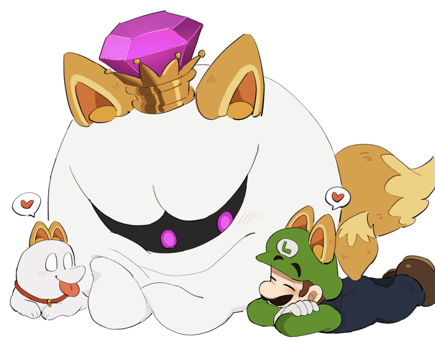 3boys, animal_ears, blue_overalls, brown_hair, closed_eyes, crown, facial_hair, fox_ears