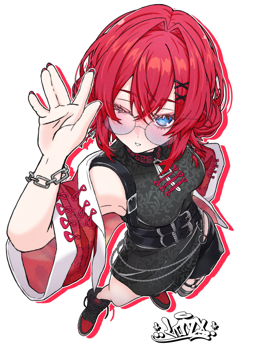 1girl, absurdres, air_jordan_1, alternate_breast_size, ange_katrina, ange_katrina_(7th_costume), bare_shoulders, belt, blue_eyes, chain, china_dress, chinese_clothes, crossed_bangs, double_bun, dress, drop_shadow, english_commentary, from_above, garter_straps, hair_between_eyes, hair_bun, hair_intakes, hair_ornament, hairclip, hand_up, highres, jacket, looking_at_viewer, lozi, medium_hair, multiple_belts, nijisanji, off_shoulder, one_eye_closed, red_jacket, redhead, round_eyewear, signature, single_garter_strap, single_thighhigh, solo, thigh-highs, virtual_youtuber, white_background, wide_sleeves