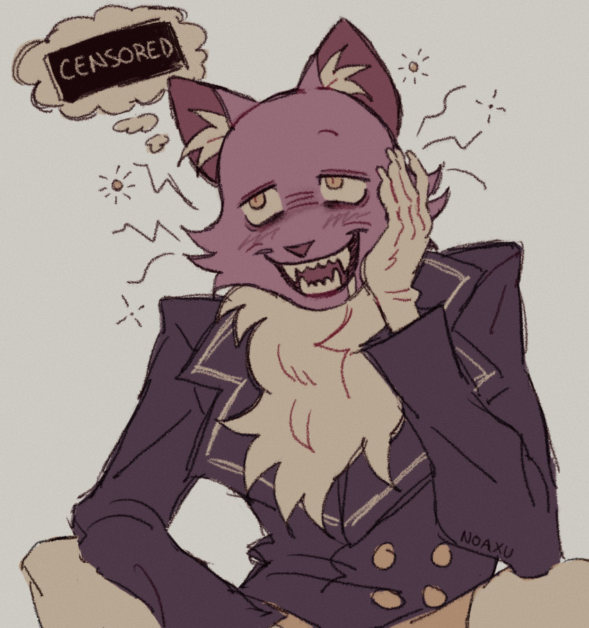 1boy, artist_name, boots, breeches, cat_mask, claws, fear_&amp;_hunger, fear_&amp;_hunger_2:_termina, fur_trim, gloves, hand_in_pocket, highres, jacket, long_sleeves, mask, nekomanxiy, pants, pocketcat_(fear_&amp;_hunger), purple_jacket, saliva, sharp_teeth, shirt, teeth, thought_bubble, whiskers, white_gloves, white_pants