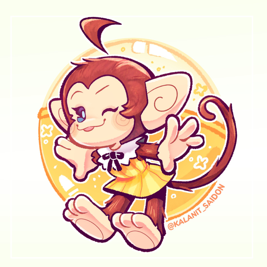 1girl, :3, :d, :p, ahoge, animal_ears, bare_arms, barefoot, black_ribbon, blue_eyes, bright_pupils, brown_fur, dress, full_body, furry, furry_female, highres, kalanit_saidon, looking_at_viewer, monkey_ears, monkey_girl, monkey_tail, no_pupils, one_eye_closed, palette_(super_monkey_ball), polka_dot, polka_dot_background, ribbon, smile, solo, straight-on, striped_clothes, striped_dress, super_monkey_ball, tail, three_quarter_view, tongue, tongue_out, twitter_username, vertical-striped_clothes, vertical-striped_dress, white_pupils, yellow_background, yellow_dress