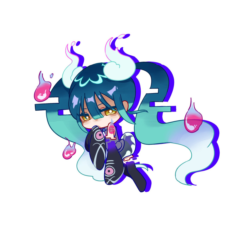 1girl, aqua_hair, artist_name, chibi, chibi_only, covered_mouth, detached_sleeves, drop_shadow