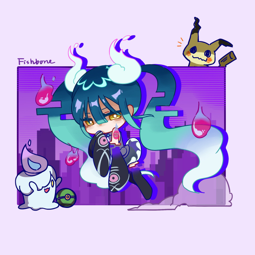 1girl, aqua_hair, artist_name, chibi, chibi_only, covered_mouth, detached_sleeves, drop_shadow