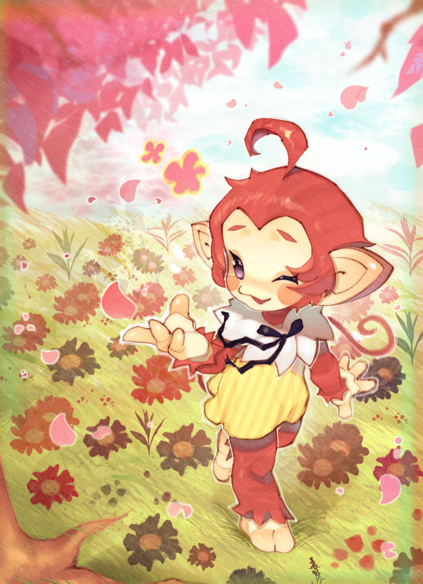 absurdres, ahoge, animal_ears, arm_at_side, bare_arms, bare_legs, barefoot, black_ribbon, brown_fur, day, dress, flower, from_above, furry, furry_female, hand_up, highres, looking_to_the_side, monkey_ears, monkey_girl, onimiere, orange_flower, outdoors, palette_(super_monkey_ball), petals, red_flower, ribbon, standing, standing_on_one_leg, striped_clothes, striped_dress, super_monkey_ball, vertical-striped_clothes, vertical-striped_dress, violet_eyes, walking, yellow_dress
