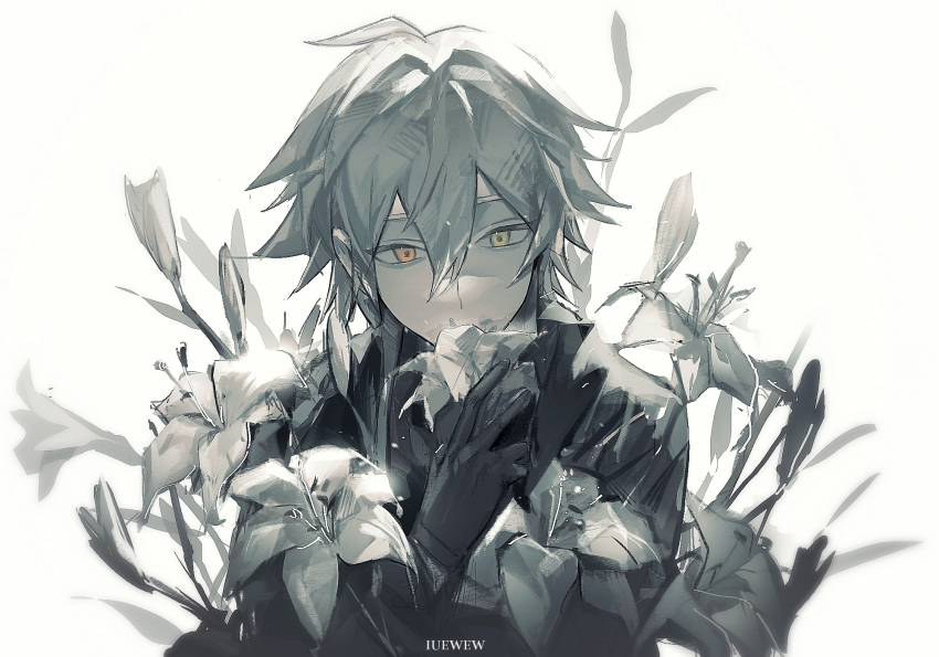 1boy, chinese_commentary, commentary_request, english_commentary, flower, gloves, hair_between_eyes, heterochromia