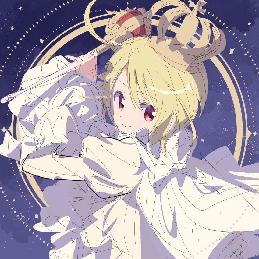 1boy, blonde_hair, blue_background, cape, closed_mouth, commentary_request, crown, dot_nose