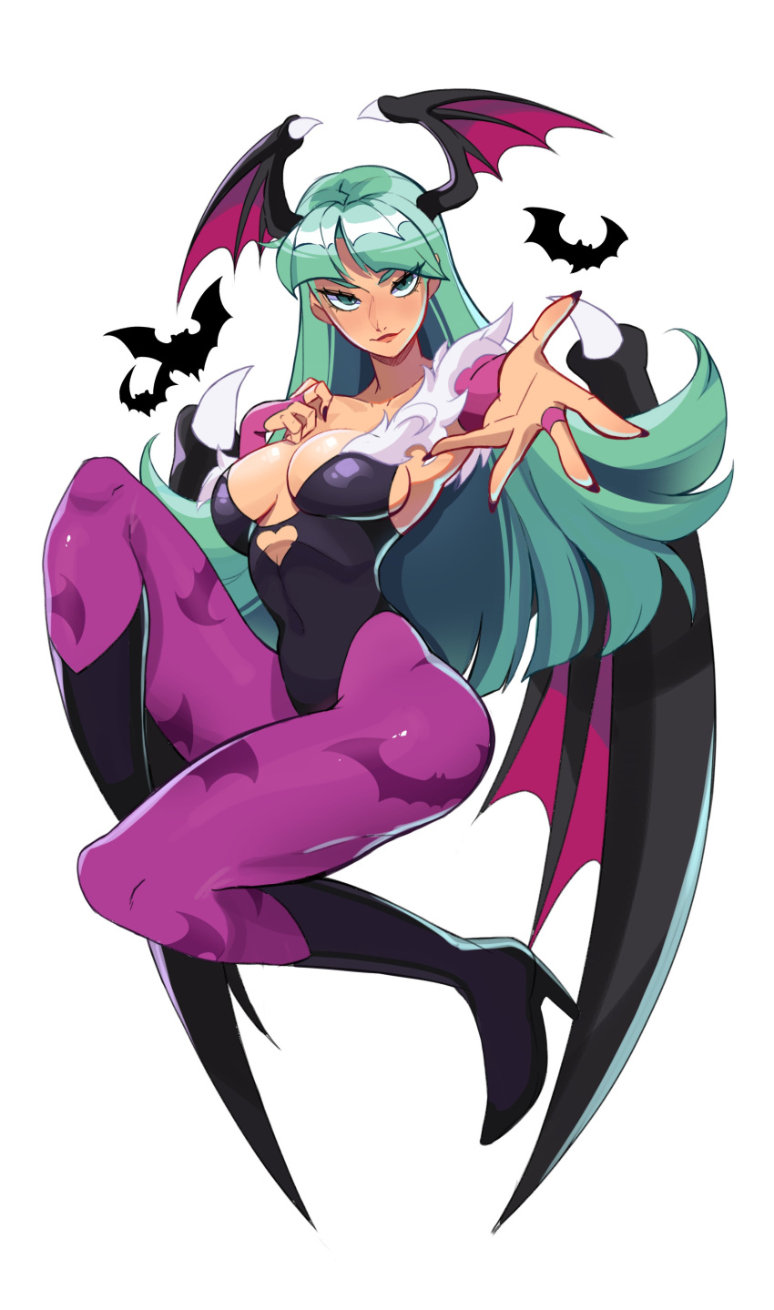 1girl, absurdres, animal_print, bat_(animal), bat_print, bat_wings, black_footwear, black_wings, blunt_bangs, boots, breasts, bridal_gauntlets, clothing_cutout, covered_navel, cutout_above_navel, darkstalkers, demon_girl, eyelashes, fingernails, flying, fur-trimmed_leotard, fur_trim, gloves, green_eyes, green_hair, hand_on_own_chest, head_wings, heart_cutout, high_heel_boots, high_heels, highres, knee_up, large_breasts, long_fingernails, long_hair, looking_at_viewer, low_wings, morrigan_aensland, multicolored_wings, nail_polish, off-shoulder_leotard, outstretched_hand, pantyhose, pimozzarella, print_pantyhose, purple_gloves, purple_pantyhose, purple_wings, reaching, reaching_towards_viewer, simple_background, smile, solo, white_background, wings