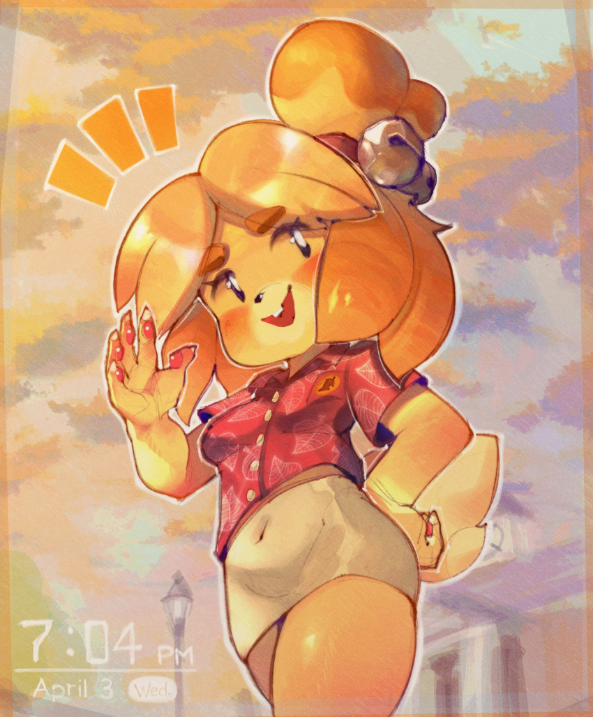 1girl, :d, ^^^, absurdres, animal_crossing, animal_hands, animal_nose, bell, black_eyes, blush, breasts, bright_pupils, covered_navel, cowboy_shot, dog_girl, dog_tail, dress_shirt, english_text, evening, furry, furry_female, hair_bell, hair_ornament, hand_on_own_hip, hand_up, highres, isabelle_(animal_crossing), leaf_print, legs_together, looking_to_the_side, medium_hair, midriff_peek, miniskirt, no_sclera, onimiere, outdoors, pencil_skirt, red_shirt, salute, shirt, short_sleeves, skirt, sky, small_breasts, smile, solo, standing, tail, thick_eyebrows, topknot, white_pupils, white_skirt, yellow_fur