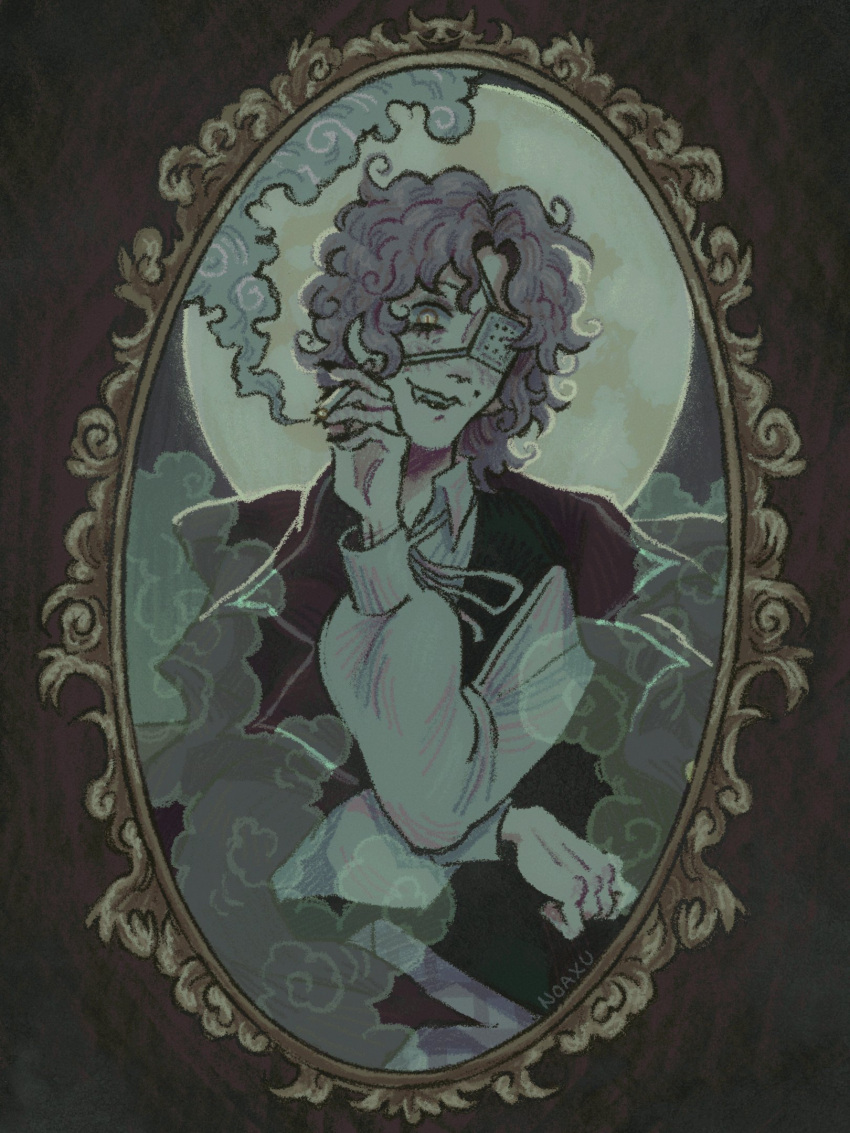 1boy, black_nails, black_vest, cigarette, daan_(fear_&amp;_hunger), eyepatch, fear_&amp;_hunger, fear_&amp;_hunger_2:_termina, frame, full_moon, highres, holding, holding_cigarette, jacket, jacket_on_shoulders, long_eyelashes, long_sleeves, looking_at_viewer, medical_eyepatch, mole, mole_above_mouth, moon, neck_ribbon, nekomanxiy, purple_hair, ribbon, shirt, short_hair, simple_background, smoke, smoking, vest, wavy_hair, white_shirt
