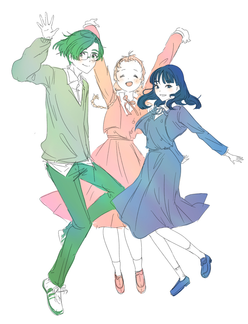1boy, 2girls, :d, arms_up, black_hair, blonde_hair, blue_dress, braid, closed_eyes, dress, futomayugorou, glasses, green_hair, green_pants, hand_up, highres, higurashi_totsuko, kagehira_rui, kimi_no_iro, long_sleeves, multiple_girls, pants, pink_dress, sakunaga_kimi, shoes, short_hair, simple_background, skirt, smile, sneakers, socks, twin_braids, white_background, white_socks