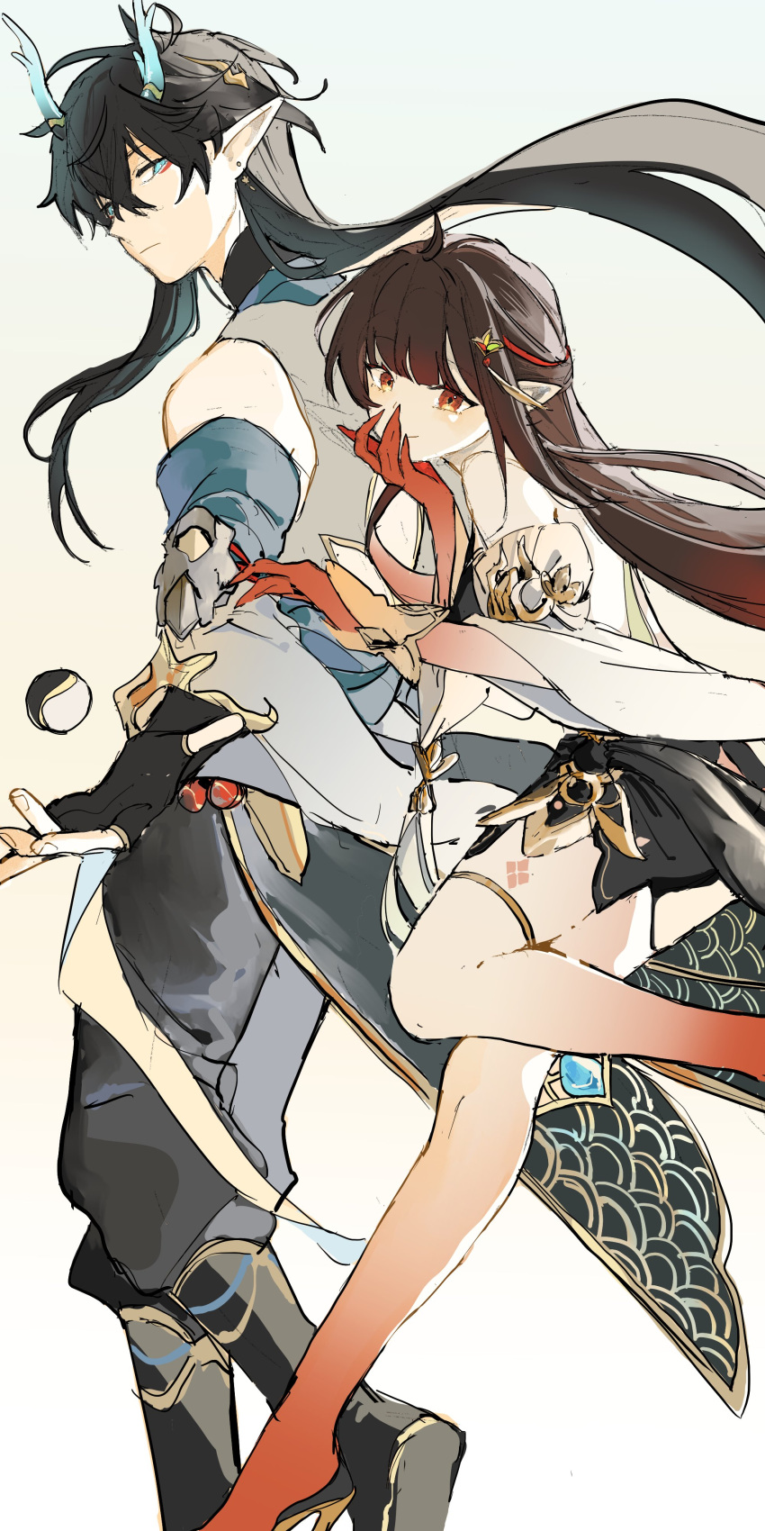 1boy, 1girl, absurdres, ahoge, black_gloves, black_hair, blunt_bangs, brown_hair