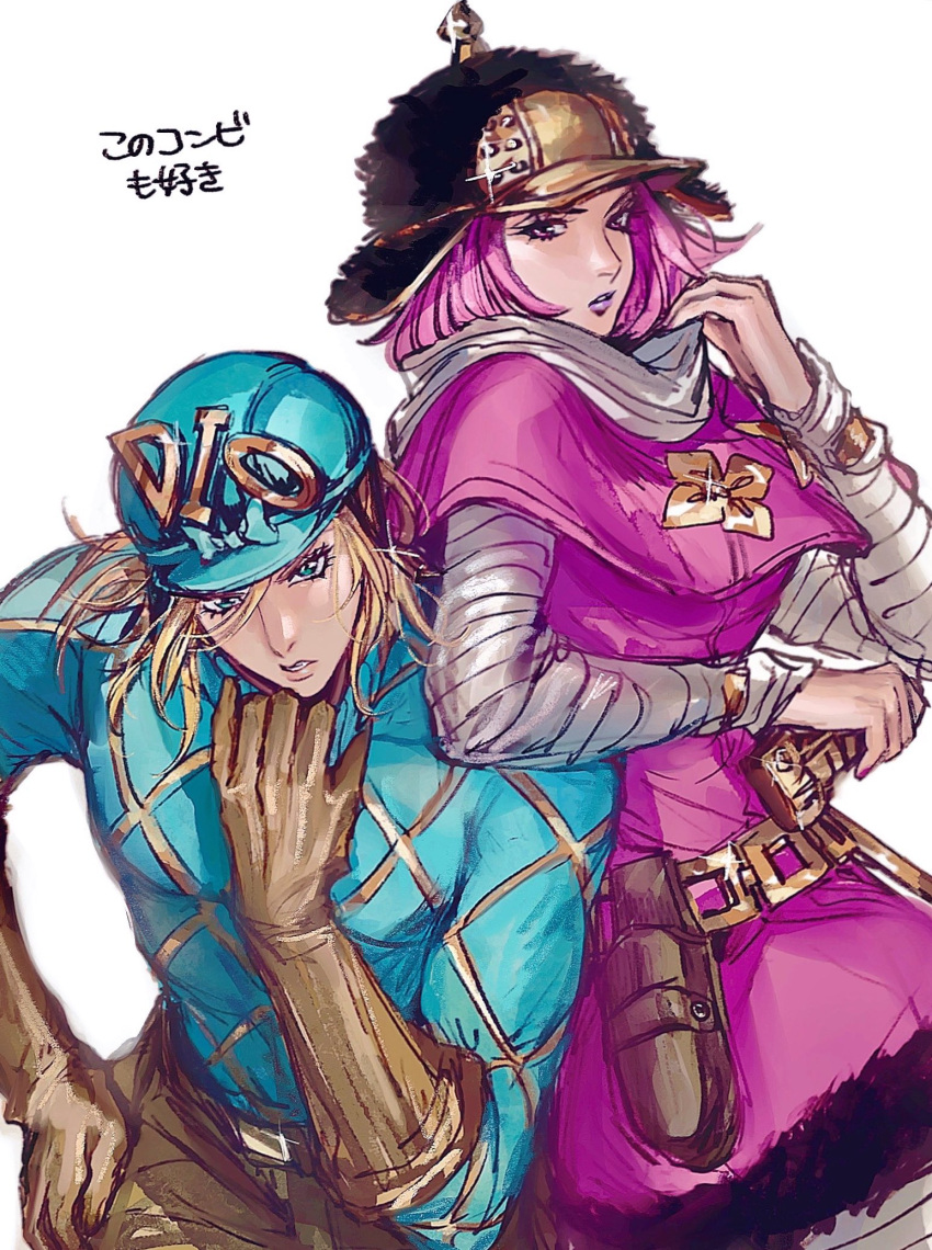 1boy, 1girl, 756zl, bandaged_arm, bandages, black_hat, blonde_hair, blue_hat