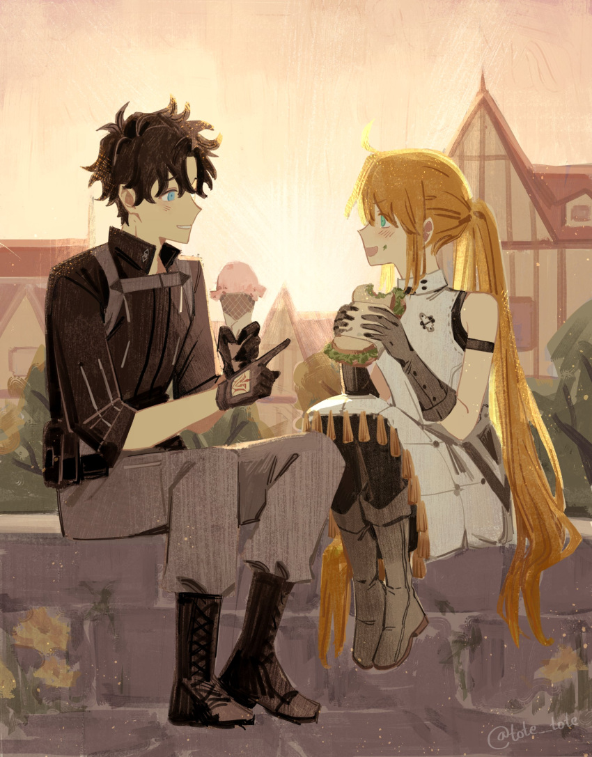 absurdres, artoria_caster_(fate), artoria_pendragon_(fate), black_footwear, black_gloves, black_hair, black_shirt, blue_eyes