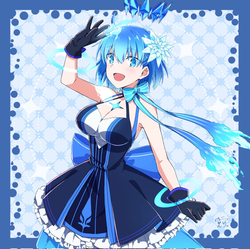 1girl, ahoge, azami_masurao, bare_shoulders, black_dress, black_gloves, blue_bow, blue_dress