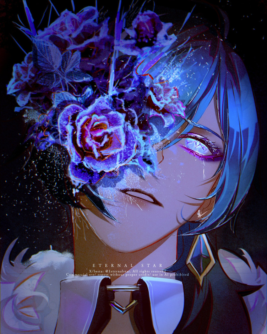 1boy, 1eternalstar, artist_name, blue_flower, blue_hair, blue_rose, collared_shirt, cracked_skin, crying, crying_with_eyes_open, dark_background, dark_skin, earrings, flower, fur_trim, genshin_impact, hair_over_shoulder, highres, jacket, jewelry, kaeya_(genshin_impact), male_focus, portrait, rose, shirt, single_earring, tears