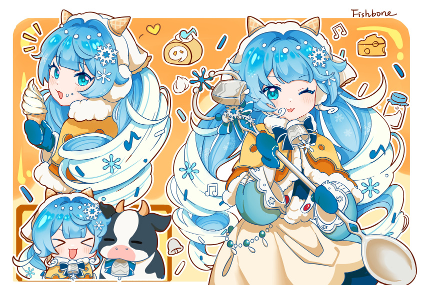 1girl, :3, :d, absurdres, artist_name, bell, blue_eyes, blue_hair, cheese, chibi, chibi_inset, cow, cowbell, cowboy_shot, curly_hair, food, hair_ornament, hatsune_miku, highres, huixiaaa42305, ice_cream, long_hair, multiple_views, neck_bell, notice_lines, one_eye_closed, smile, snowflakes, twintails, vocaloid, yuki_miku, yuki_miku_(2024)_(candidate_no.4)