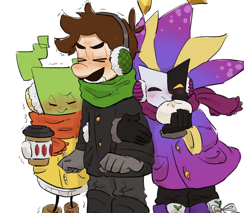 1girl, 2boys, blush_stickers, bow, colored_skin, dimentio, dress, dumpling, earmuffs, facial_hair, food, highres, jester, luigi, mask, mimi_(paper_mario), mimimi_(mimimim9999), multiple_boys, mustache, paper_mario, scarf, simple_background, super_mario_bros., super_paper_mario
