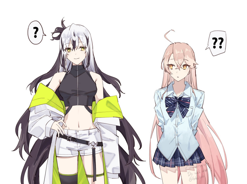 2girls, absurdres, ahoge, bare_shoulders, belt, black_hair, blue_shirt, bow