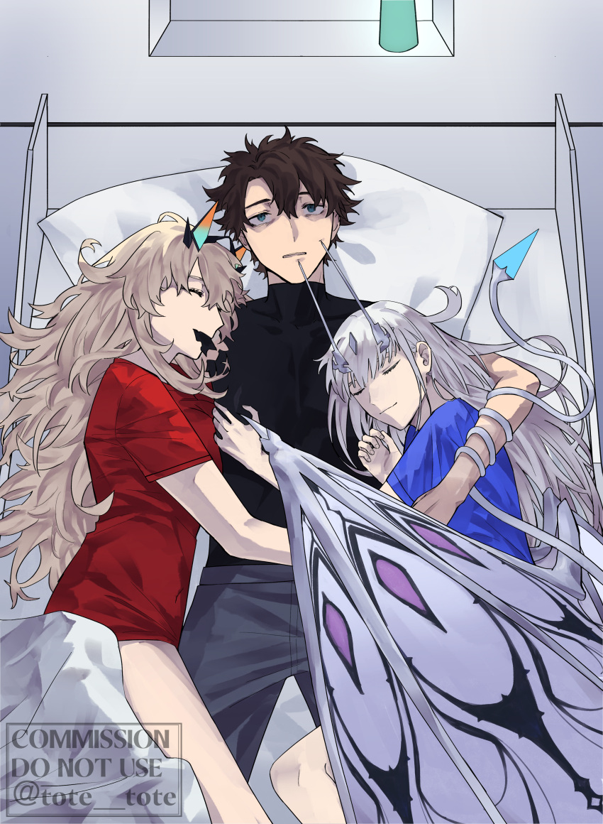 1boy, 2girls, absurdres, barghest_(fate), bed, bed_sheet, black_hair, black_shirt
